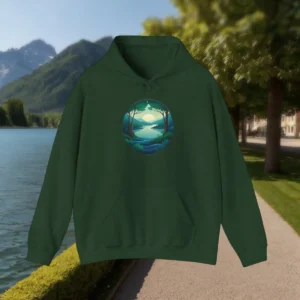 Green hoodie laid flat with a circular design of a forest river and sunrise