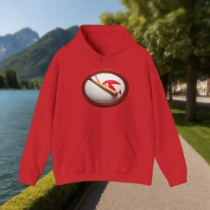 Flat view of a red hoodie with a baseball logo showing bat, ball, and claw marks