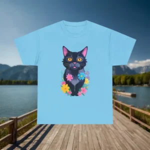Flat lay of light blue t-shirt with floral black cat design on a mountain dock