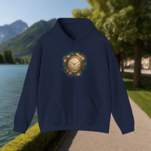 Navy hoodie with a floral clock illustration in the center