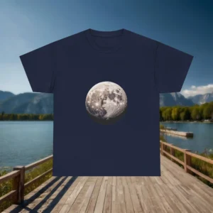 Navy t-shirt with a detailed full moon graphic design in the center.