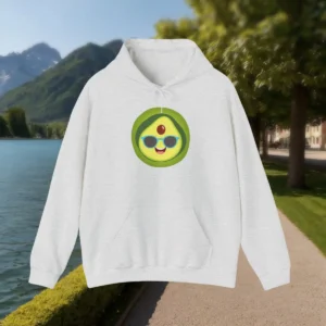 Grey hoodie with smiling avocado wearing sunglasses – front view