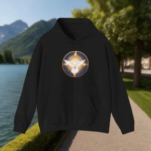 Black hoodie with radiant white dove in a golden celestial circle – front view