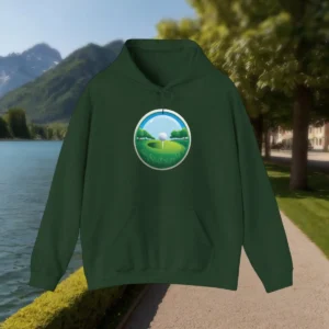 Green hoodie with a golf ball on tee and trees design – front view