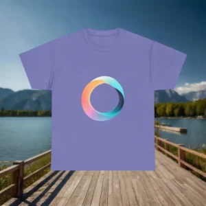 Flat-lay of purple t-shirt with modern gradient circular artwork.