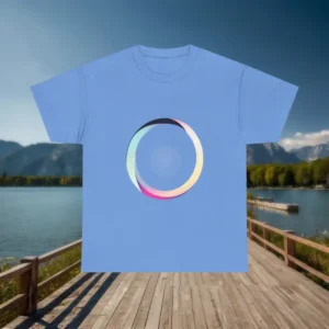 Flat lay of blue t-shirt with a circular multicolor gradient ring in the center