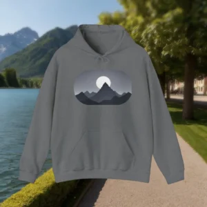 Gray hoodie with dark mountain silhouette and moon – front view