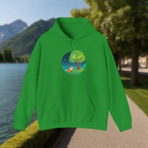 Flat-lay of a green hoodie featuring a fox sitting under a tree in a cartoon-style night scene
