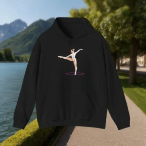 Black hoodie with artistic gymnast illustration in a pink circle – front view