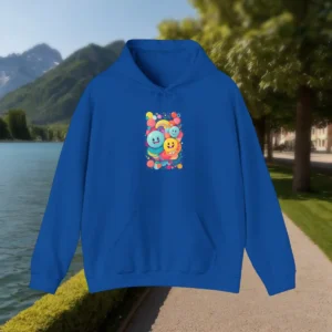 Blue hoodie with a central print of multicolored smiling characters