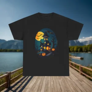 Black Halloween t-shirt with haunted house and pumpkins design