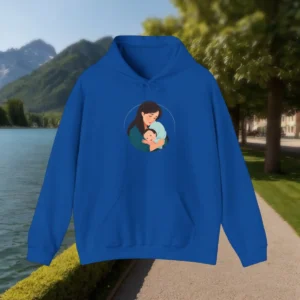 Blue hoodie with illustration of a mother lovingly holding her baby