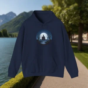 Navy hoodie with horror design featuring a haunted house and full moon