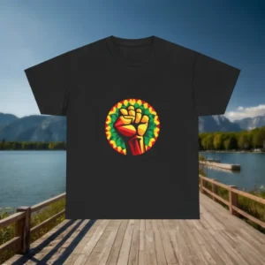 Flat lay of a black t-shirt with a raised fist graphic in African colors
