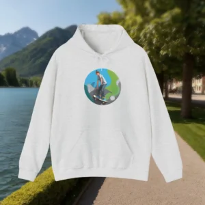 Flat-lay of a light grey hoodie with a colorful graphic of a skateboarder