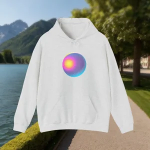 Flat lay of heather grey hoodie with bright gradient orb in center