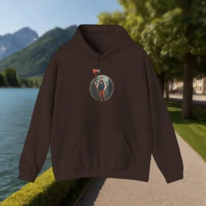 Brown hoodie with a circular illustration of a lumberjack holding an axe