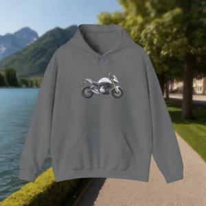 Flat lay of grey hoodie with white and black motorcycle illustration