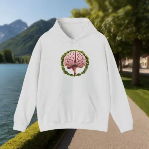 Light grey hoodie with pink brain and green leaf circle design