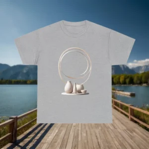 Flat view of grey t-shirt with ceramic pottery and golden swirl art print.
