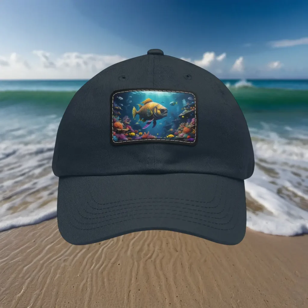 Dad hat with deep sea dive design featuring a colorful underwater scene with fish and coral, displayed against a beach background.