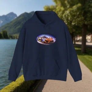 Navy hoodie with a vibrant race car graphic laid flat outdoors by the lake