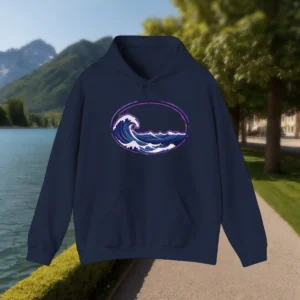 Flat-lay of a navy blue hoodie with a stylized purple and blue ocean wave in an oval frame
