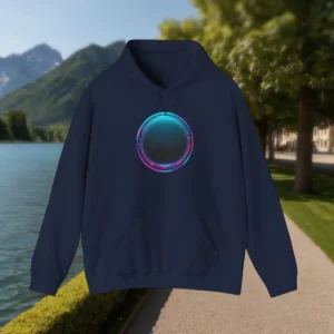 Flat-lay of a navy hoodie with a glowing circular Y2K graphic in cyan and magenta tones