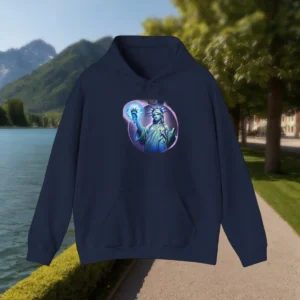Navy blue hoodie with glowing Statue of Liberty graphic