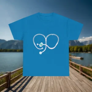 Light blue t-shirt with heart-shaped stethoscope design, displayed flat on a lakeside wooden dock