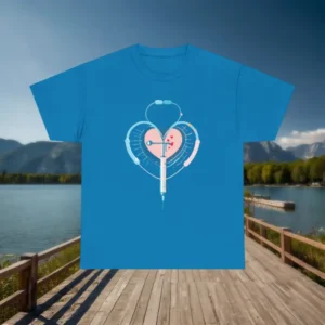 Blue t-shirt with nurse-themed design including heart, stethoscope, and syringe, displayed flat on a dock