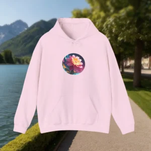 Light pink hoodie with colorful flower illustration laid flat on a lakeside path