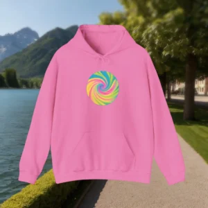 Flat-lay of a pink hoodie with a circular rainbow tie-dye spiral design
