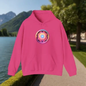 Flat-lay of a pink hoodie featuring a radiant, symmetrical Y2K-style graphic