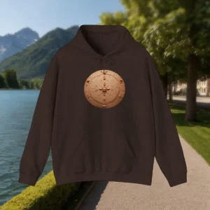 Dark brown hoodie with round bronze shield design laid flat near a lake path
