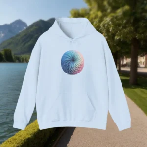 White hoodie with puff print pastel spiral design laid flat outdoors by the lake