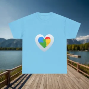 Light blue t-shirt with four-color puzzle heart graphic