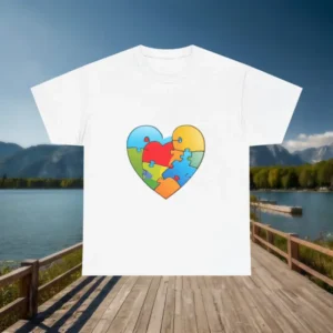 White t-shirt with multicolor puzzle heart print
