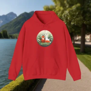 Red hoodie with cute fox and rabbit sitting in a meadow graphic, laid flat