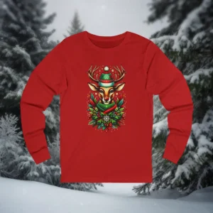 Red long sleeve t-shirt with a festive reindeer wearing a green winter hat and scarf, surrounded by holly