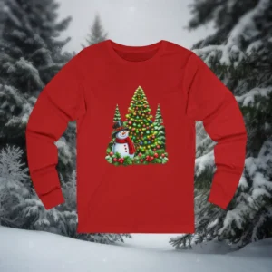 Red long sleeve t-shirt featuring a cheerful snowman in front of decorated Christmas trees