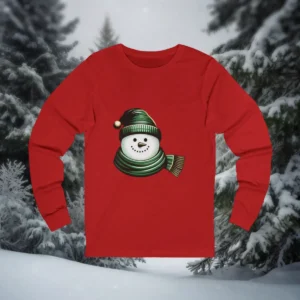 Red long sleeve t-shirt with a cute snowman wearing a green hat and matching scarf