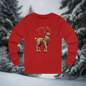 Red long sleeve t-shirt with a gingerbread-style decorative reindeer design