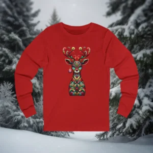 Red long sleeve shirt with a colorful ornate reindeer Christmas design