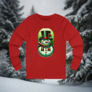 Red long sleeve Christmas t-shirt featuring a snowman with a top hat and colorful scarf