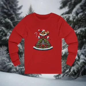 Red long sleeve Christmas shirt with a festive gingerbread woman in a decorated holiday dress