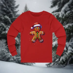 Red long sleeve Christmas shirt with a smiling gingerbread man wearing a Santa hat
