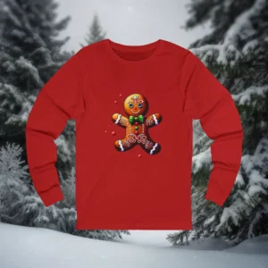 Red Christmas long sleeve shirt featuring a jumping gingerbread man with green bow tie