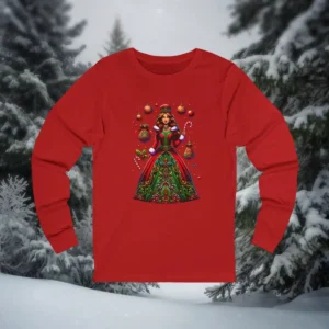 Red long sleeve Christmas shirt featuring a festive Mrs. Claus illustration in a decorative holiday dress