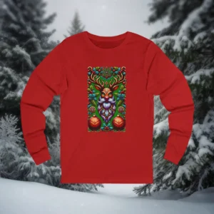Red Christmas long sleeve shirt featuring an ornate reindeer with a colorful beard and festive decorations